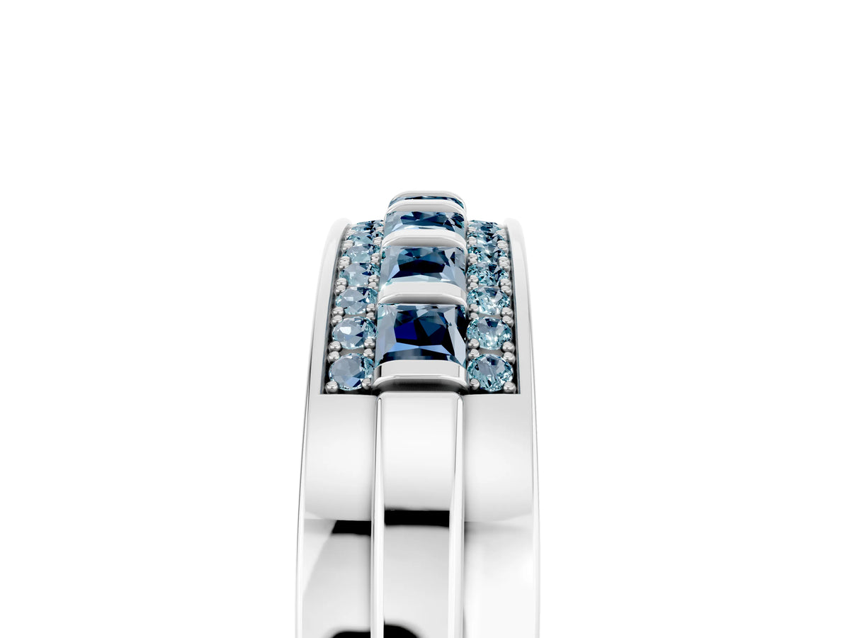 Princess Cut Aquamarine Bar-Set Pavé Band in Silver with Grooved Edge Detailing_5