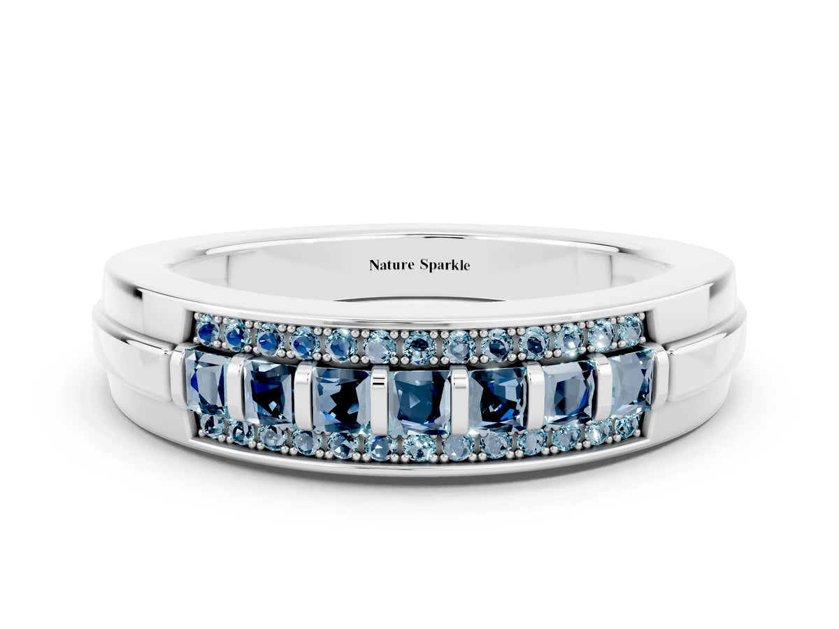 Princess Cut Aquamarine Bar-Set Pavé Band in White gold with Grooved Edge Detailing