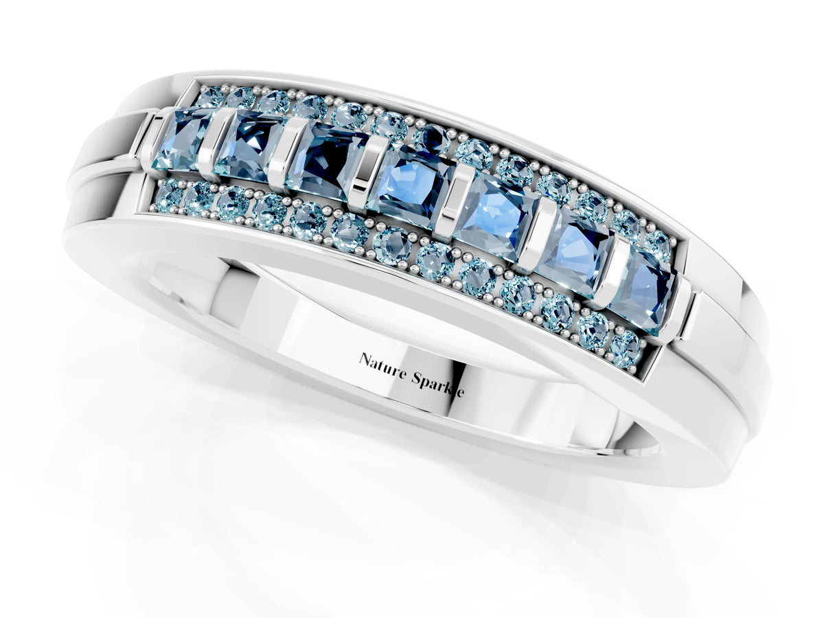 Princess Cut Aquamarine Bar-Set Pavé Band in White gold with Grooved Edge Detailing_1