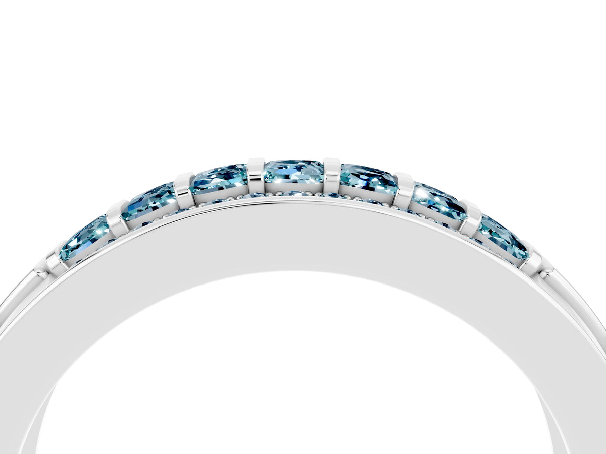 Princess Cut Aquamarine Bar-Set Pavé Band in White gold with Grooved Edge Detailing_4