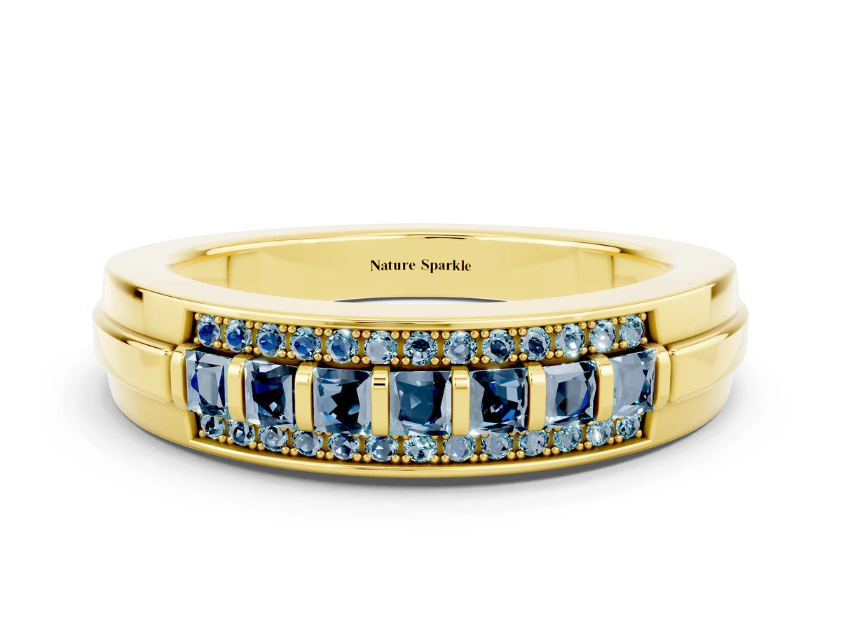 Princess Cut Aquamarine Bar-Set Pavé Band in Yellow gold with Grooved Edge Detailing