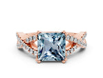 Princess Cut Aquamarine Solitaire Ring in Rose gold with Interwoven Pavé Band and Prong Setting