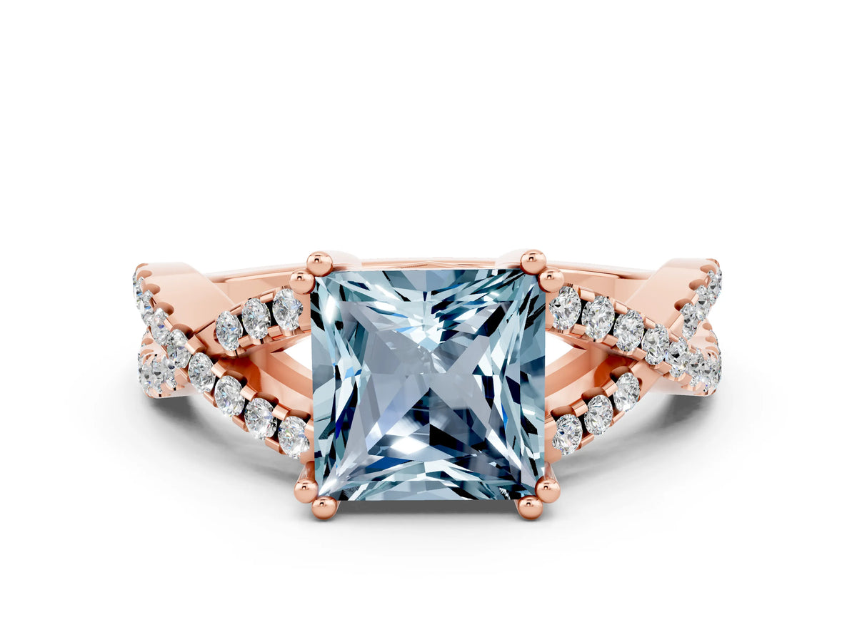 Princess Cut Aquamarine Solitaire Ring in Rose gold with Interwoven Pavé Band and Prong Setting