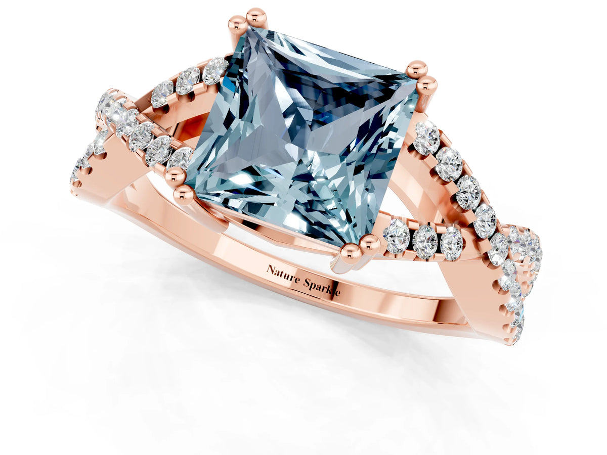 Princess Cut Aquamarine Solitaire Ring in Rose gold with Interwoven Pavé Band and Prong Setting_1