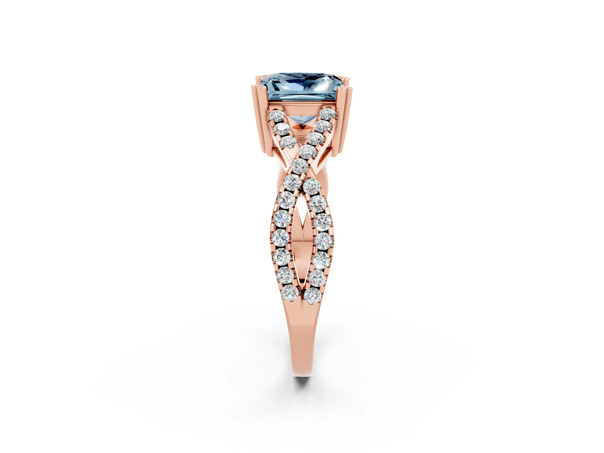 Princess Cut Aquamarine Solitaire Ring in Rose gold with Interwoven Pavé Band and Prong Setting_2