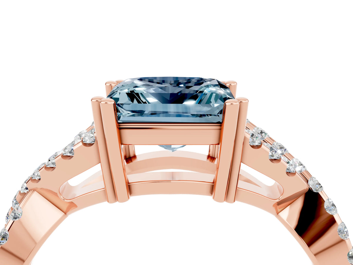 Princess Cut Aquamarine Solitaire Ring in Rose gold with Interwoven Pavé Band and Prong Setting_4