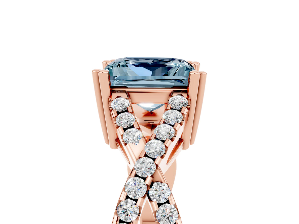 Princess Cut Aquamarine Solitaire Ring in Rose gold with Interwoven Pavé Band and Prong Setting_5