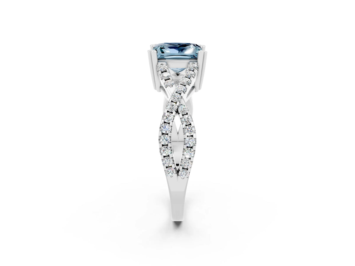 Princess Cut Aquamarine Solitaire Ring in Silver with Interwoven Pavé Band and Prong Setting_8