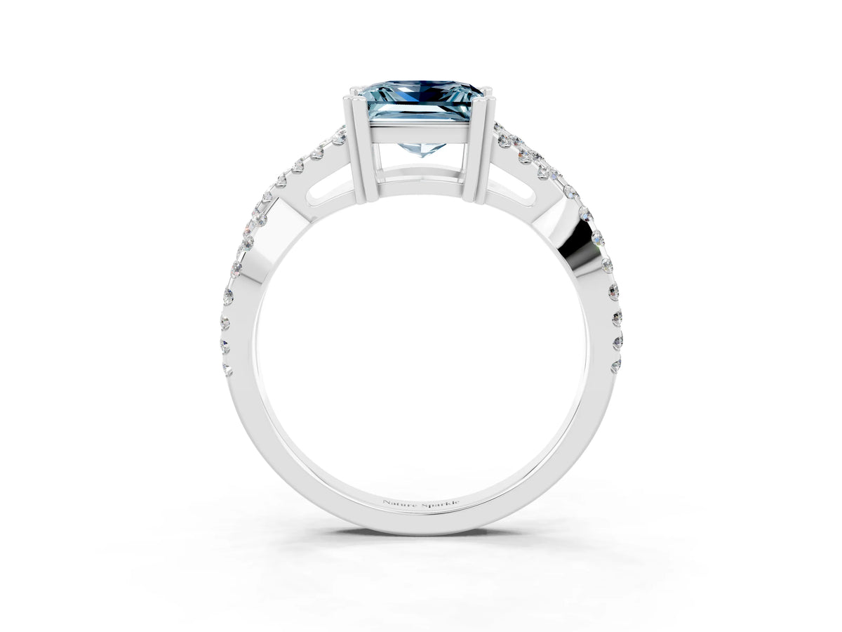 Princess Cut Aquamarine Solitaire Ring in White gold with Interwoven Pavé Band and Prong Setting_3