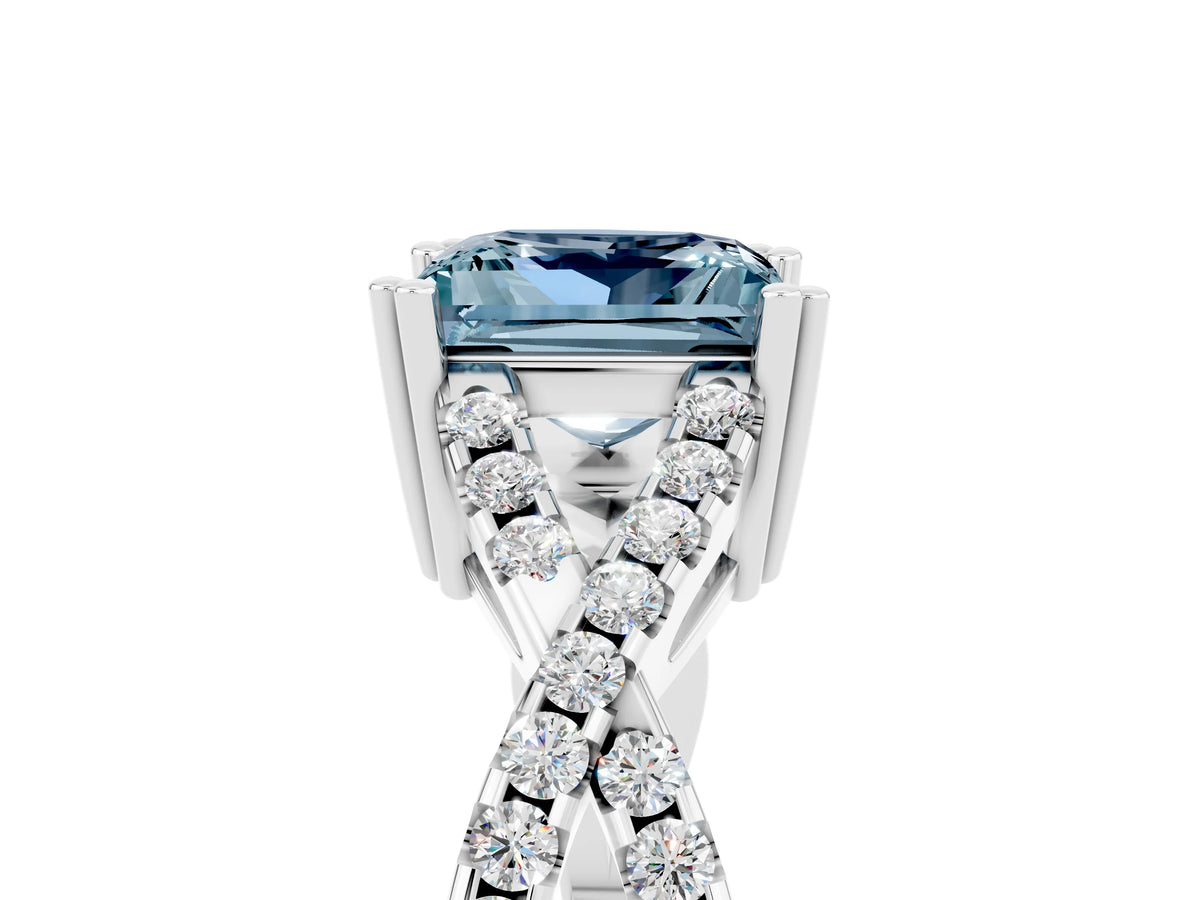 Princess Cut Aquamarine Solitaire Ring in White gold with Interwoven Pavé Band and Prong Setting_5
