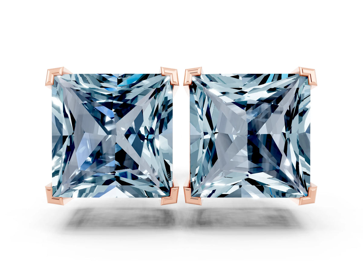 Princess Cut Aquamarine Stud Earrings in Rose gold with Basket Setting
