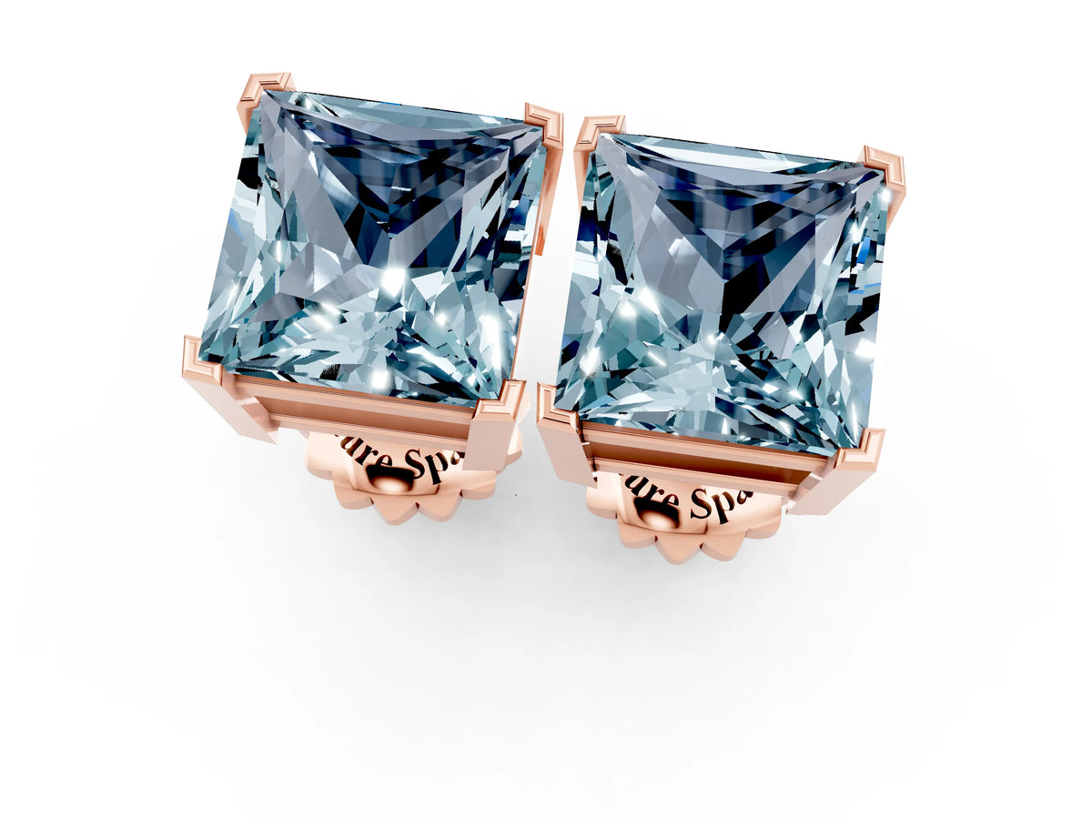 Princess Cut Aquamarine Stud Earrings in Rose gold with Basket Setting_1