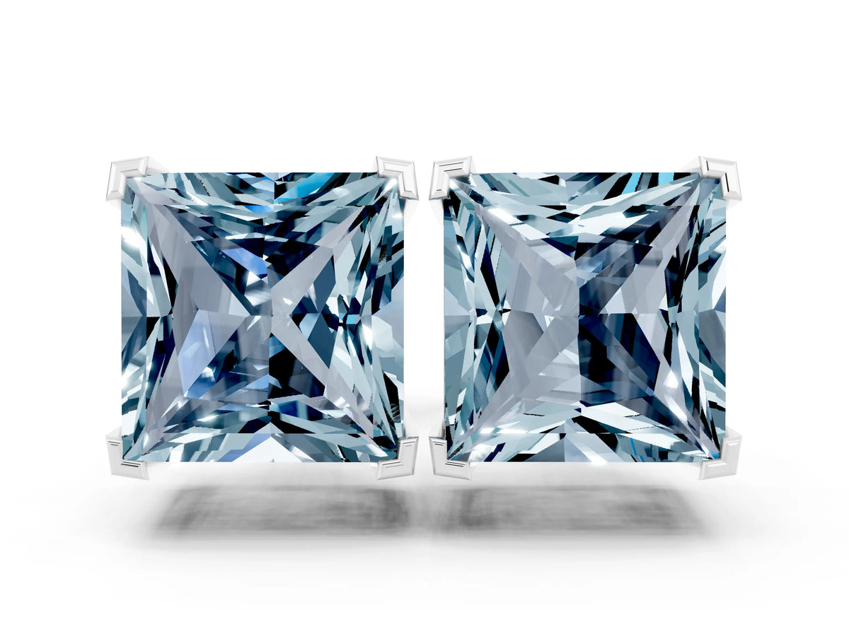 Princess Cut Aquamarine Stud Earrings in White gold with Basket Setting