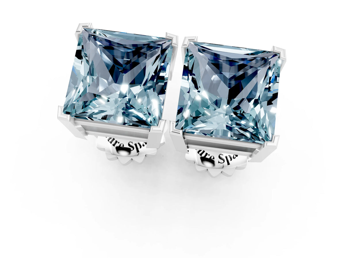 Princess Cut Aquamarine Stud Earrings in White gold with Basket Setting_1