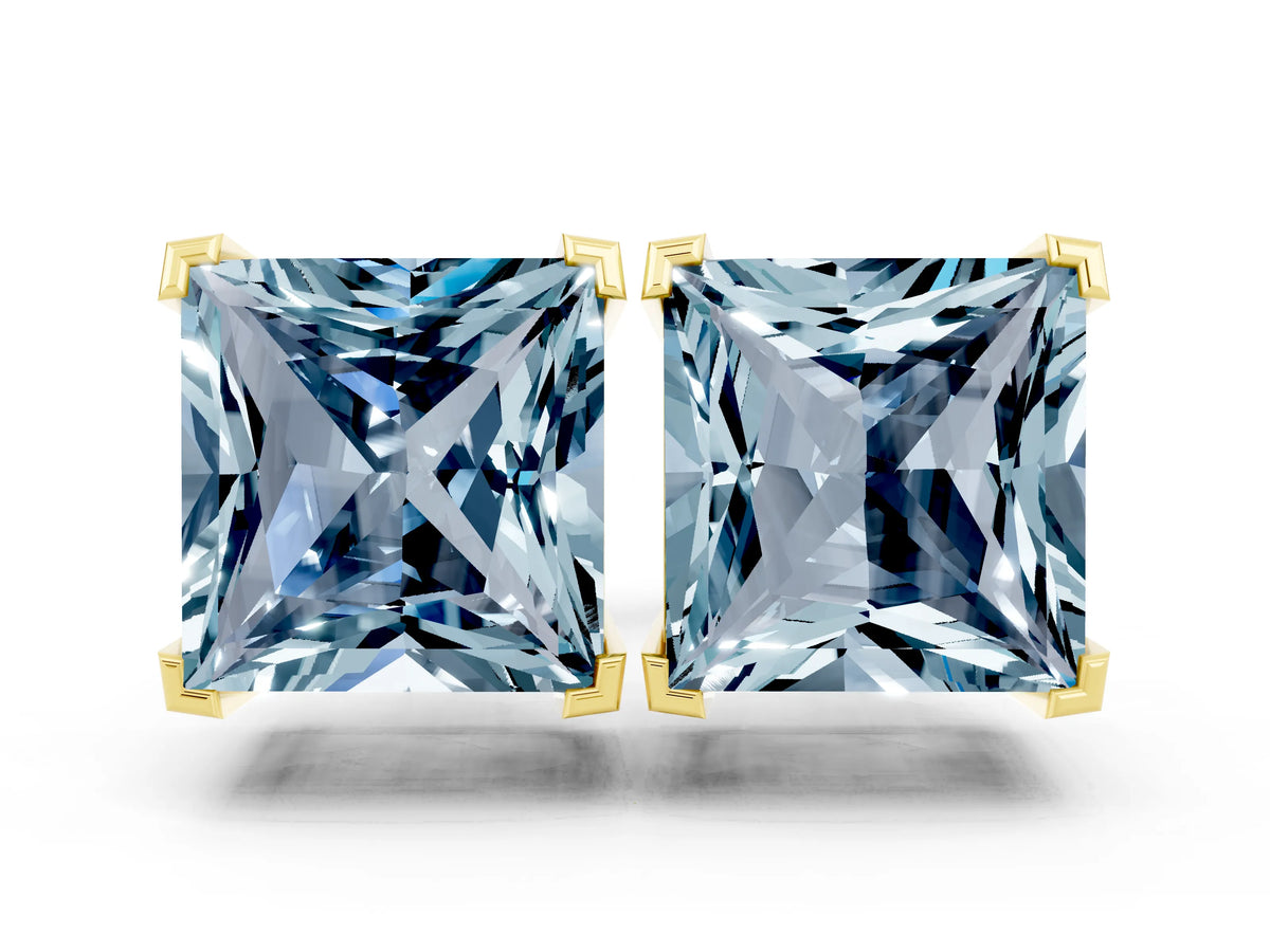 Princess Cut Aquamarine Stud Earrings in Yellow gold with Basket Setting