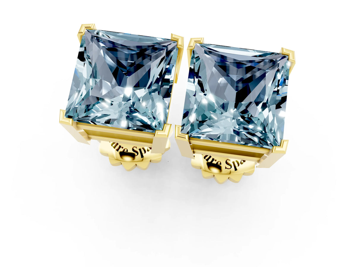 Princess Cut Aquamarine Stud Earrings in Yellow gold with Basket Setting_1