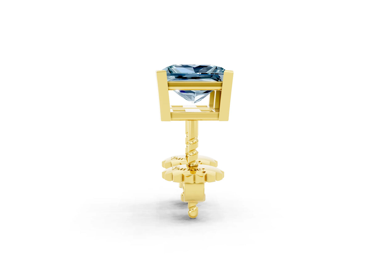 Princess Cut Aquamarine Stud Earrings in Yellow gold with Basket Setting_2