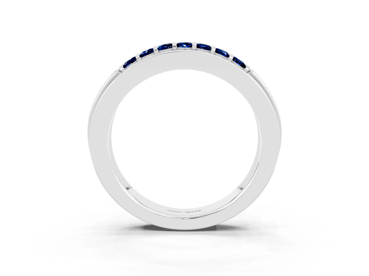Princess Cut Blue Sapphire Bar-Set Pavé Band in Platinum with Grooved Edge Detailing_3