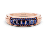Princess Cut Blue Sapphire Bar-Set Pavé Band in Rose gold with Grooved Edge Detailing