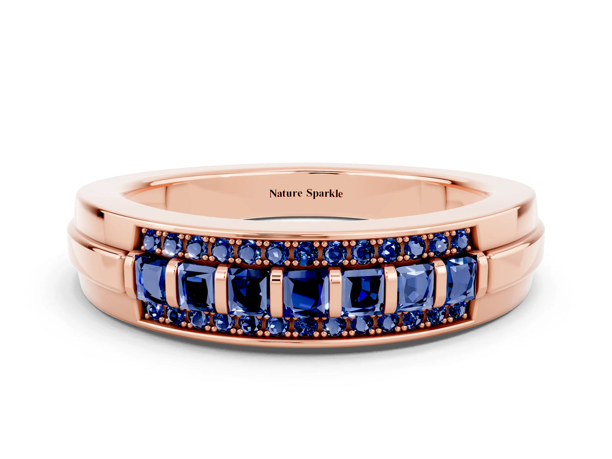 Princess Cut Blue Sapphire Bar-Set Pavé Band in Rose gold with Grooved Edge Detailing