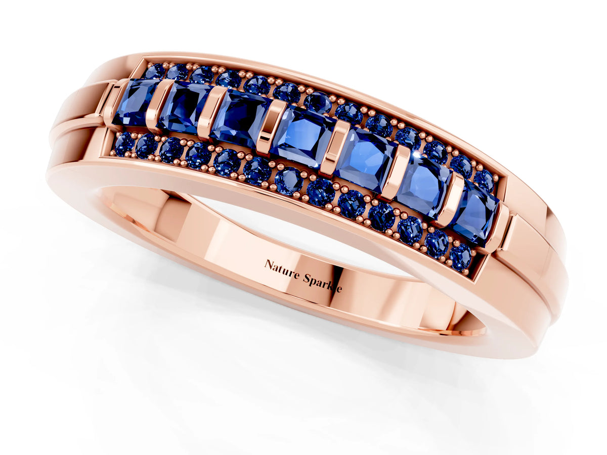 Princess Cut Blue Sapphire Bar-Set Pavé Band in Rose gold with Grooved Edge Detailing_1