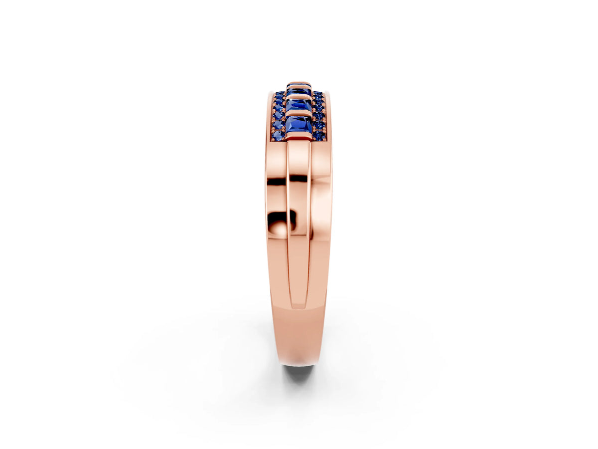 Princess Cut Blue Sapphire Bar-Set Pavé Band in Rose gold with Grooved Edge Detailing_2