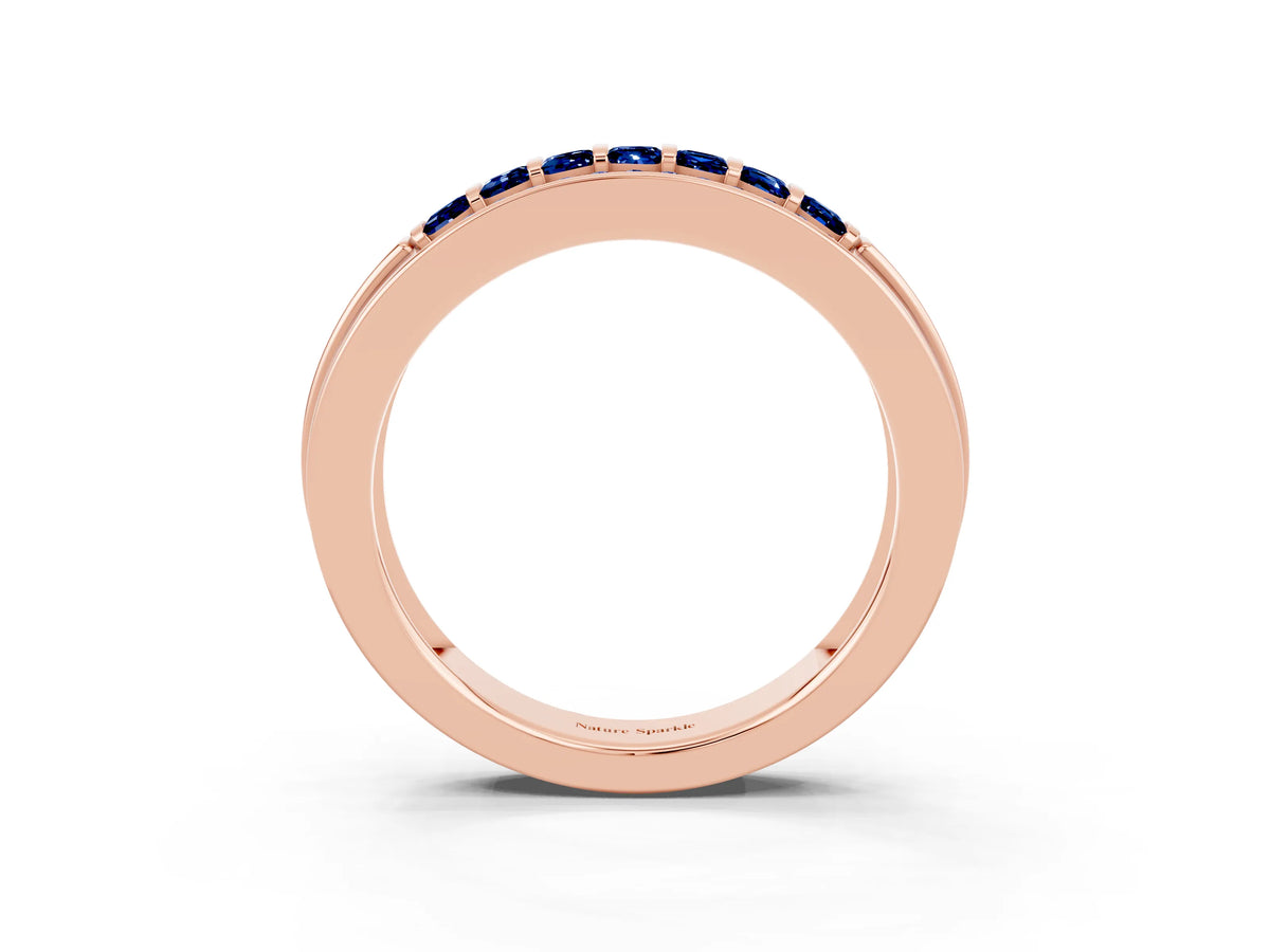 Princess Cut Blue Sapphire Bar-Set Pavé Band in Rose gold with Grooved Edge Detailing_3