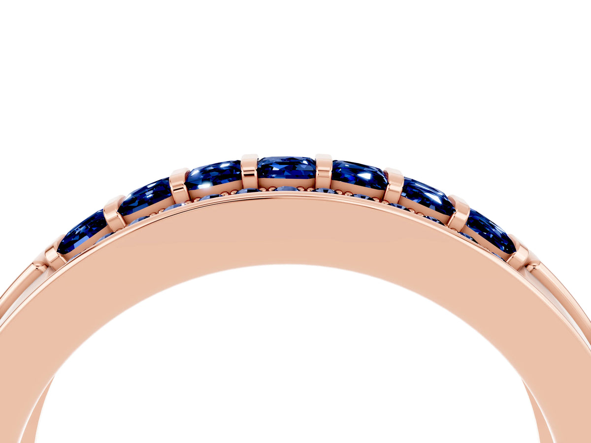 Princess Cut Blue Sapphire Bar-Set Pavé Band in Rose gold with Grooved Edge Detailing_4