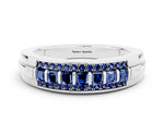 Princess Cut Blue Sapphire Bar-Set Pavé Band in White gold with Grooved Edge Detailing