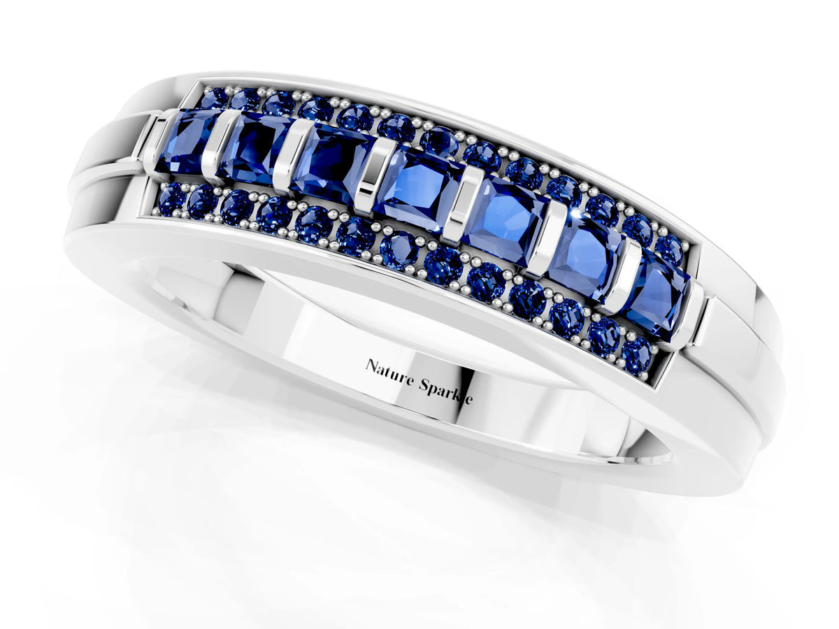 Princess Cut Blue Sapphire Bar-Set Pavé Band in White gold with Grooved Edge Detailing_1