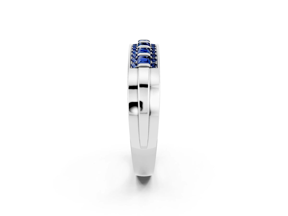 Princess Cut Blue Sapphire Bar-Set Pavé Band in White gold with Grooved Edge Detailing_2