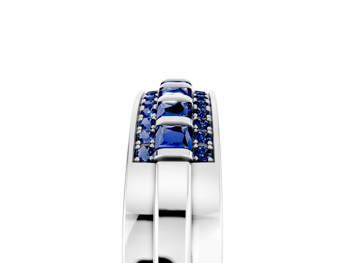 Princess Cut Blue Sapphire Bar-Set Pavé Band in White gold with Grooved Edge Detailing_5
