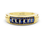 Princess Cut Blue Sapphire Bar-Set Pavé Band in Yellow gold with Grooved Edge Detailing