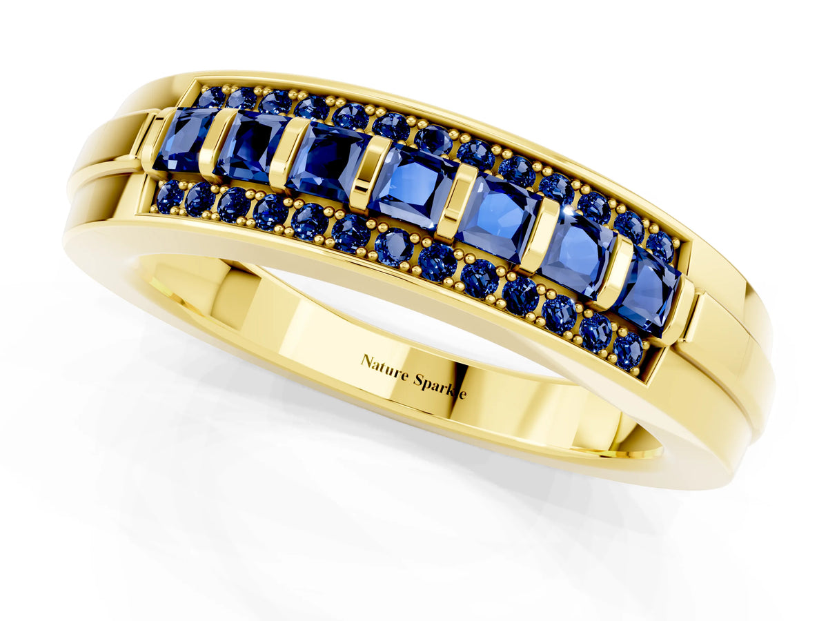 Princess Cut Blue Sapphire Bar-Set Pavé Band in Yellow gold with Grooved Edge Detailing_1