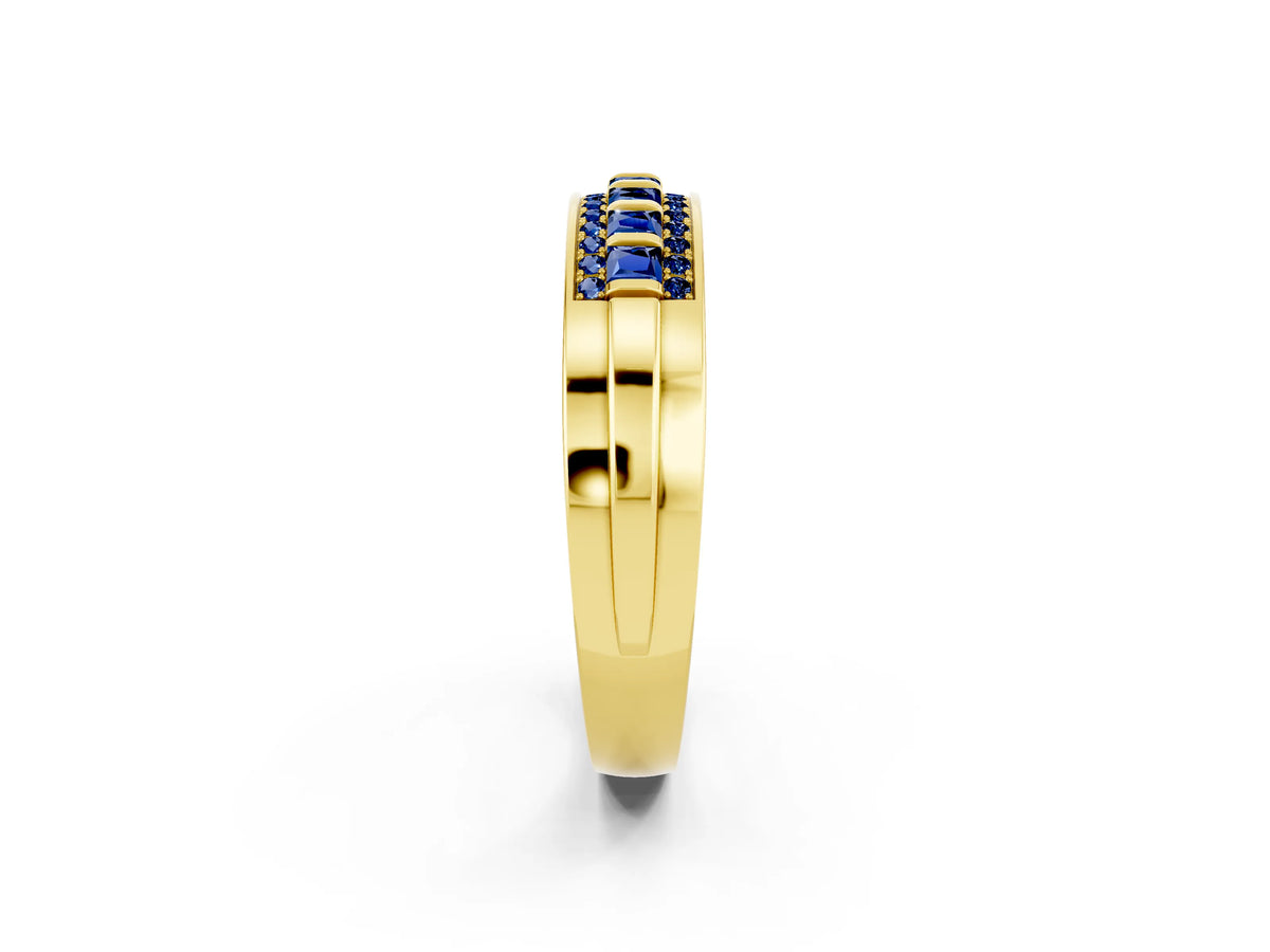 Princess Cut Blue Sapphire Bar-Set Pavé Band in Yellow gold with Grooved Edge Detailing_2