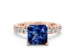 Princess Cut Blue Sapphire Pavé Solitaire Ring in Rose gold with Round Pavé Band and Prong Setting