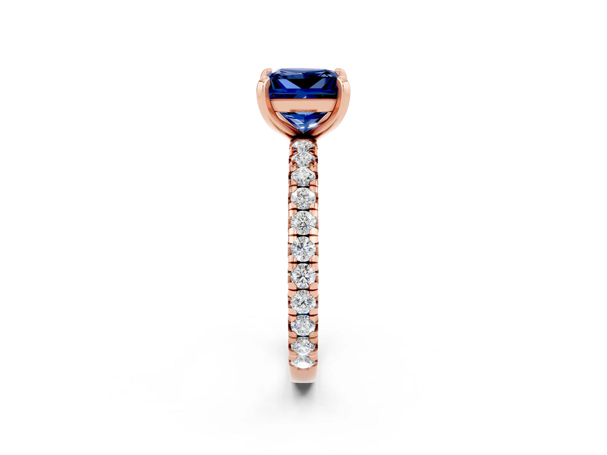 Princess Cut Blue Sapphire Pavé Solitaire Ring in Rose gold with Round Pavé Band and Prong Setting_2