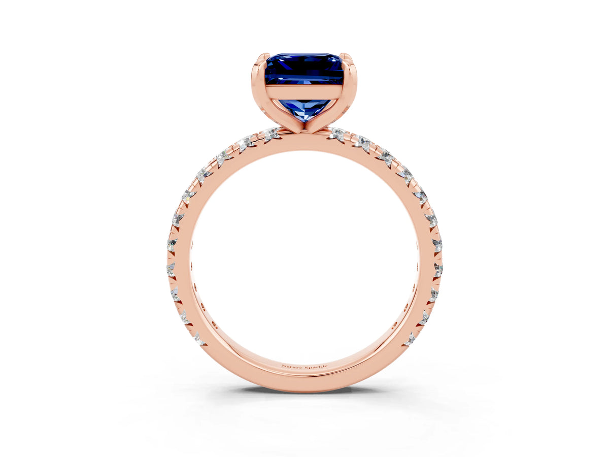 Princess Cut Blue Sapphire Pavé Solitaire Ring in Rose gold with Round Pavé Band and Prong Setting_3