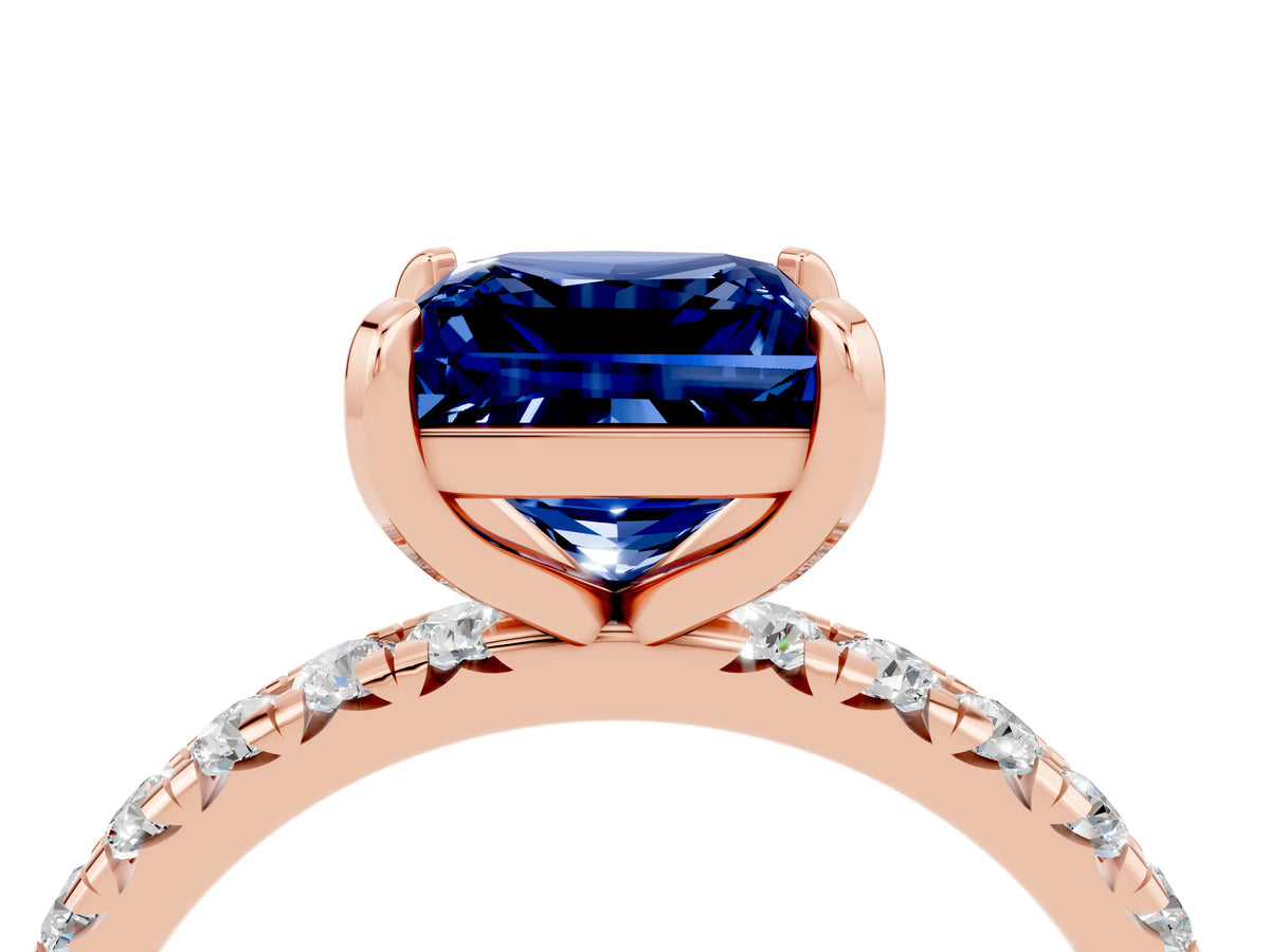 Princess Cut Blue Sapphire Pavé Solitaire Ring in Rose gold with Round Pavé Band and Prong Setting_4