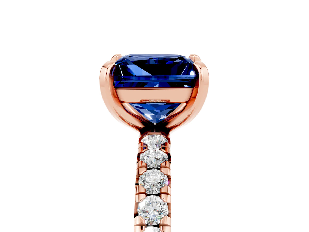Princess Cut Blue Sapphire Pavé Solitaire Ring in Rose gold with Round Pavé Band and Prong Setting_5