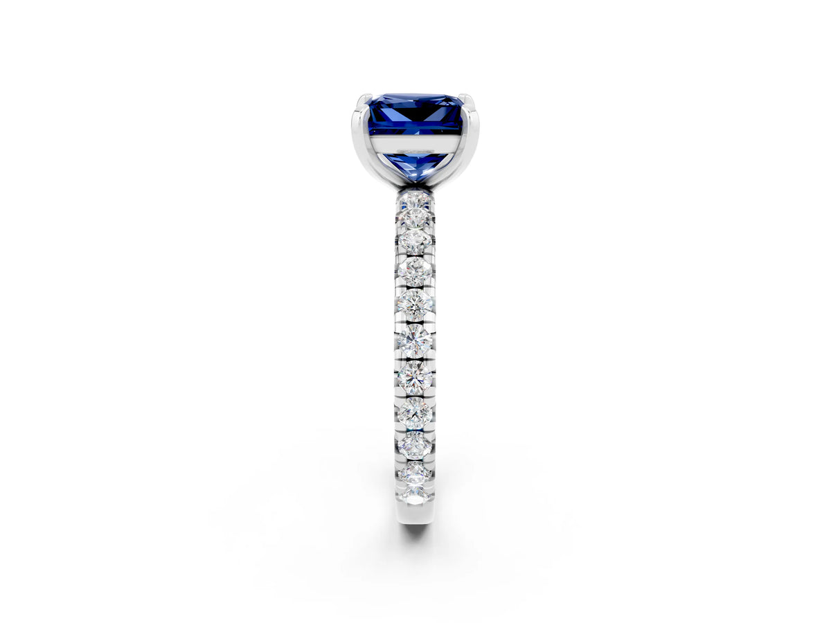 Princess Cut Blue Sapphire Pavé Solitaire Ring in Silver with Round Pavé Band and Prong Setting_2