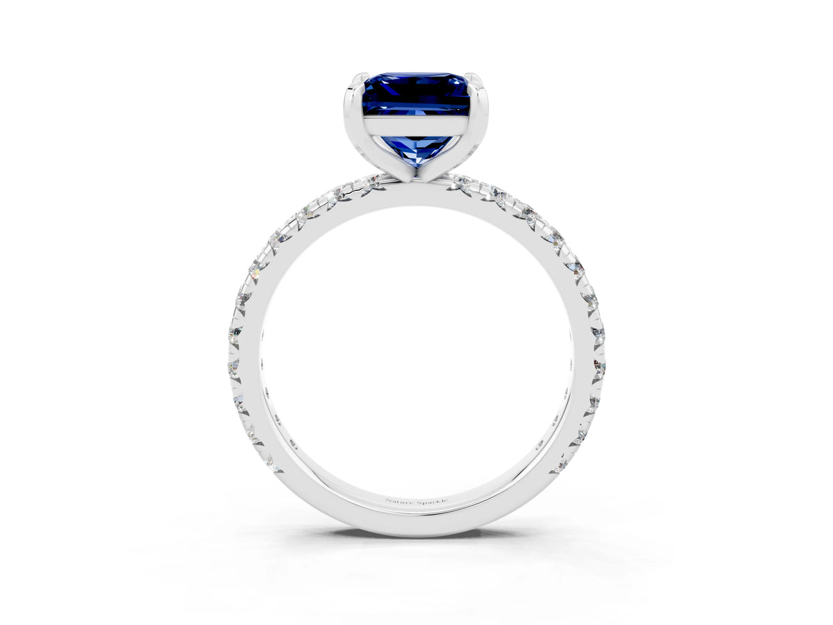 Princess Cut Blue Sapphire Pavé Solitaire Ring in Silver with Round Pavé Band and Prong Setting_3
