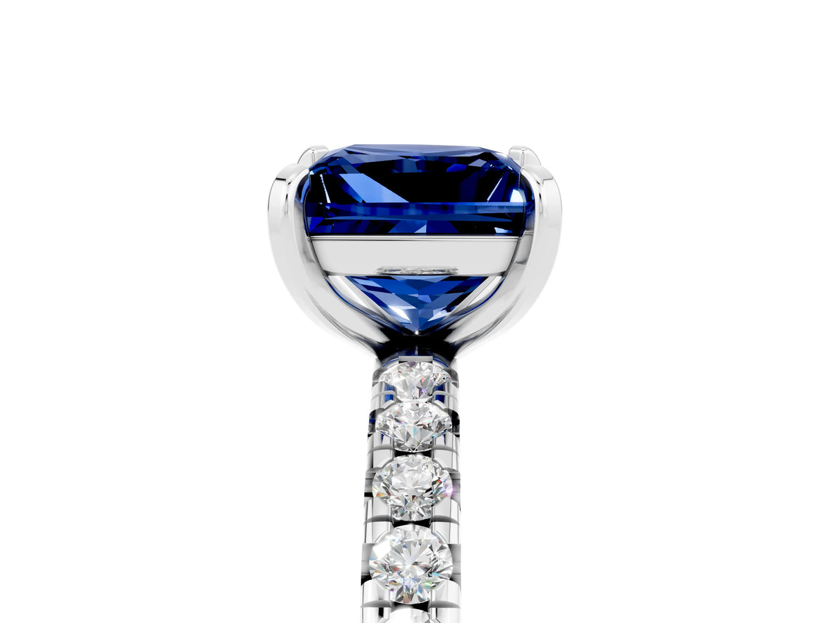 Princess Cut Blue Sapphire Pavé Solitaire Ring in Silver with Round Pavé Band and Prong Setting_5
