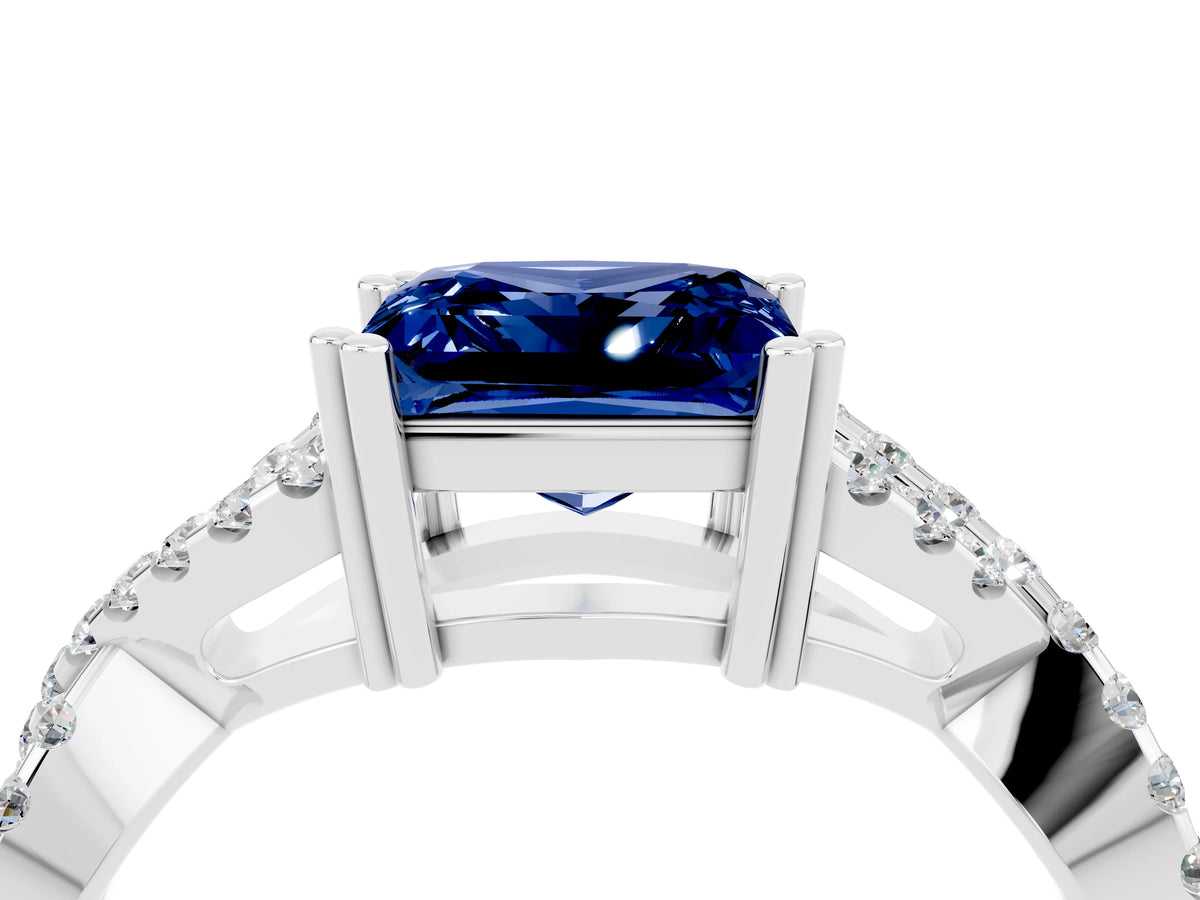 Princess Cut Blue Sapphire Solitaire Ring in Platinum with Interwoven Pavé Band and Prong Setting_10