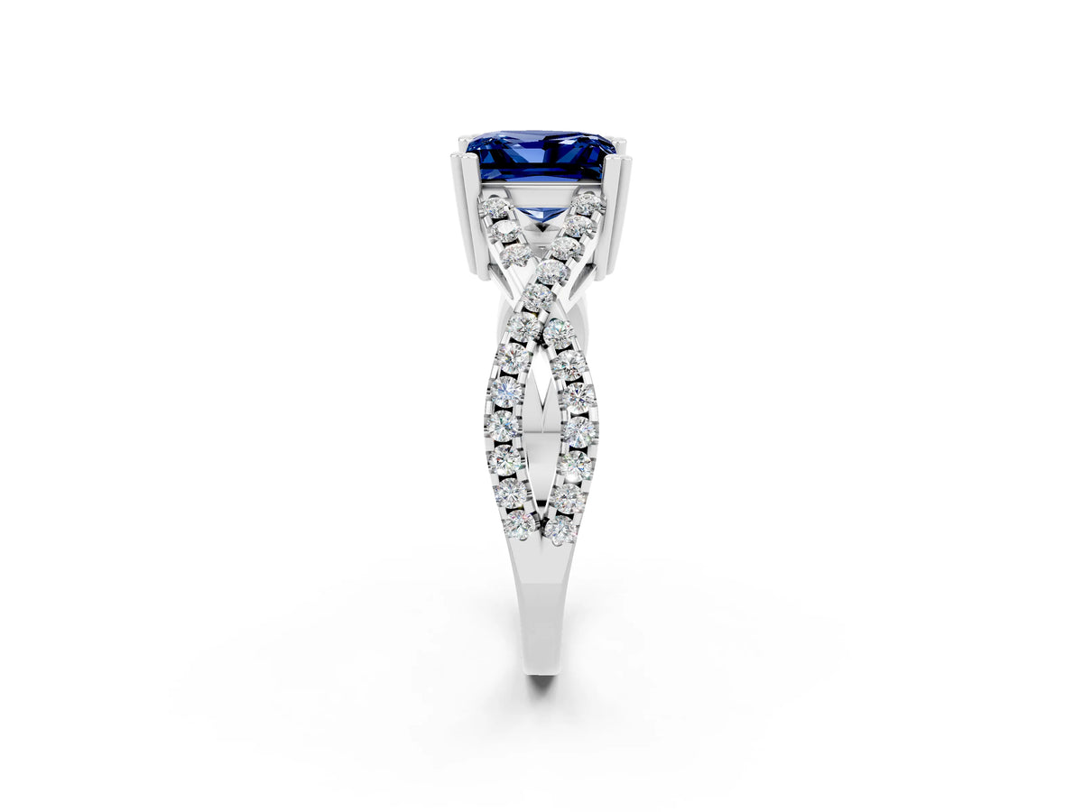 Princess Cut Blue Sapphire Solitaire Ring in Silver with Interwoven Pavé Band and Prong Setting_8
