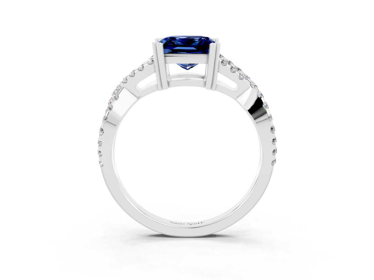 Princess Cut Blue Sapphire Solitaire Ring in White gold with Interwoven Pavé Band and Prong Setting_3
