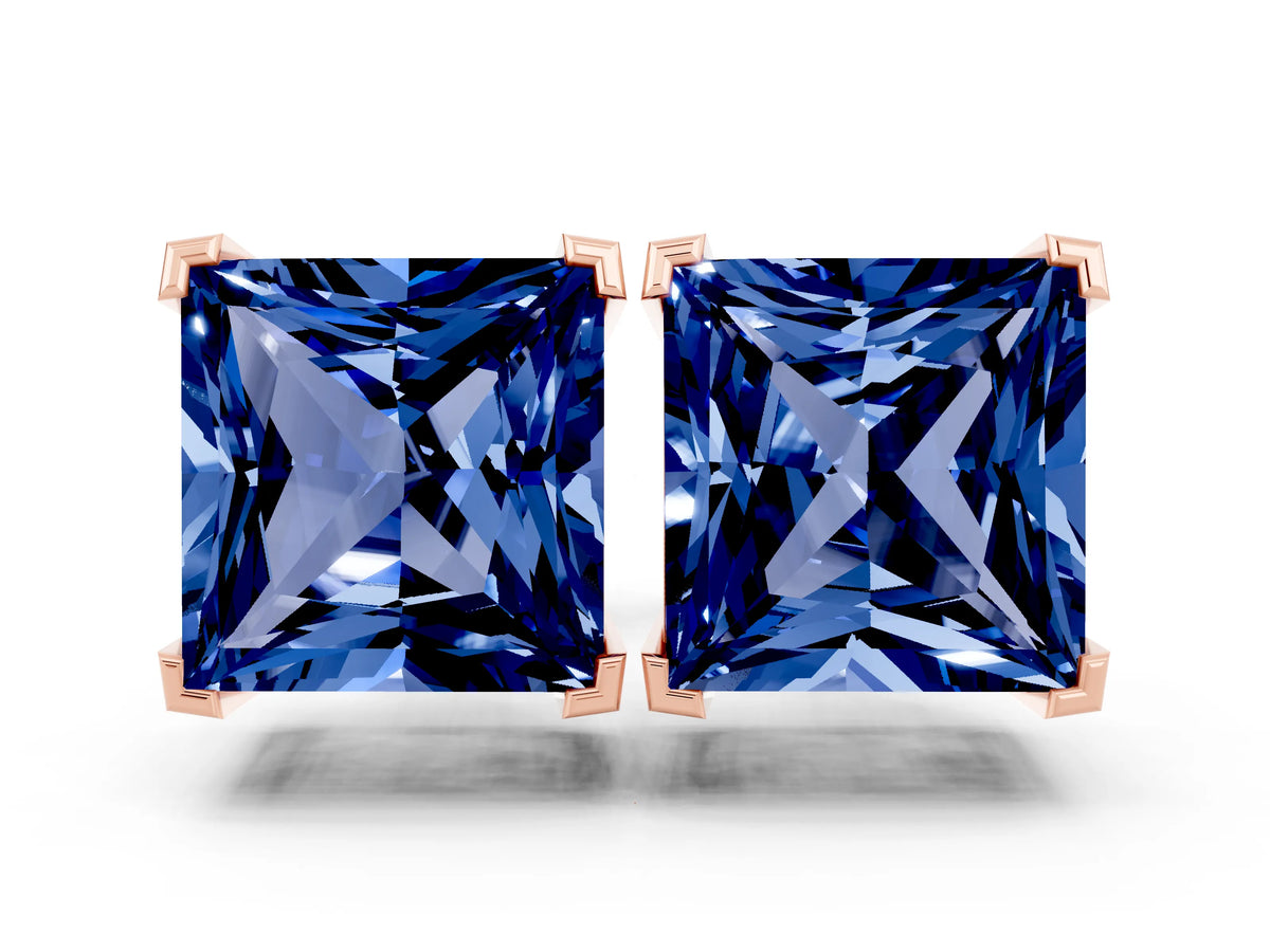 Princess Cut Blue Sapphire Stud Earrings in Rose gold with Basket Setting
