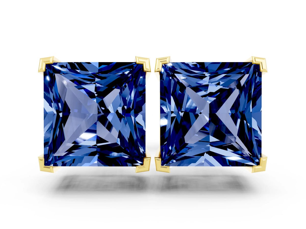 Princess Cut Blue Sapphire Stud Earrings in Yellow gold with Basket Setting