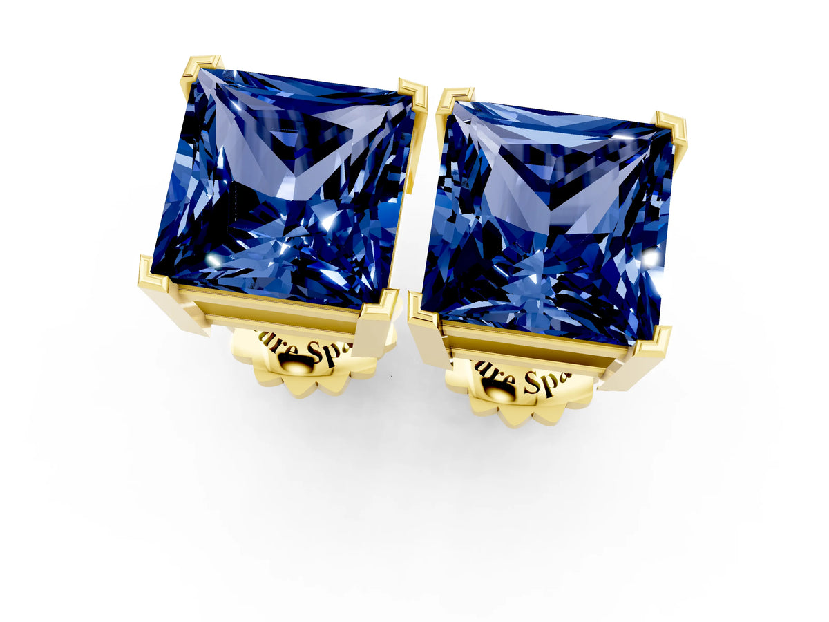 Princess Cut Blue Sapphire Stud Earrings in Yellow gold with Basket Setting_1