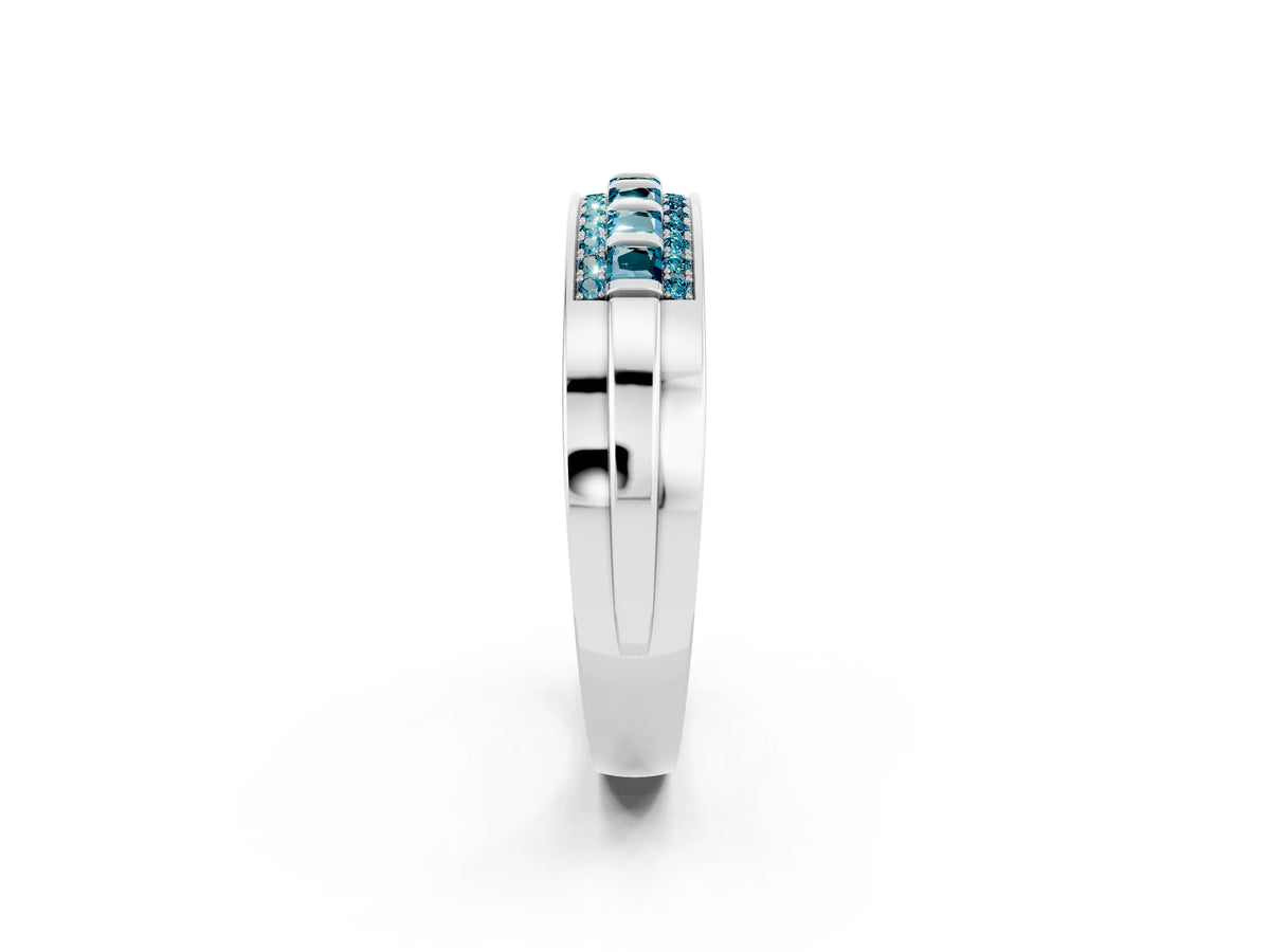 Princess Cut Blue Topaz Bar-Set Pavé Band in Platinum with Grooved Edge Detailing_2